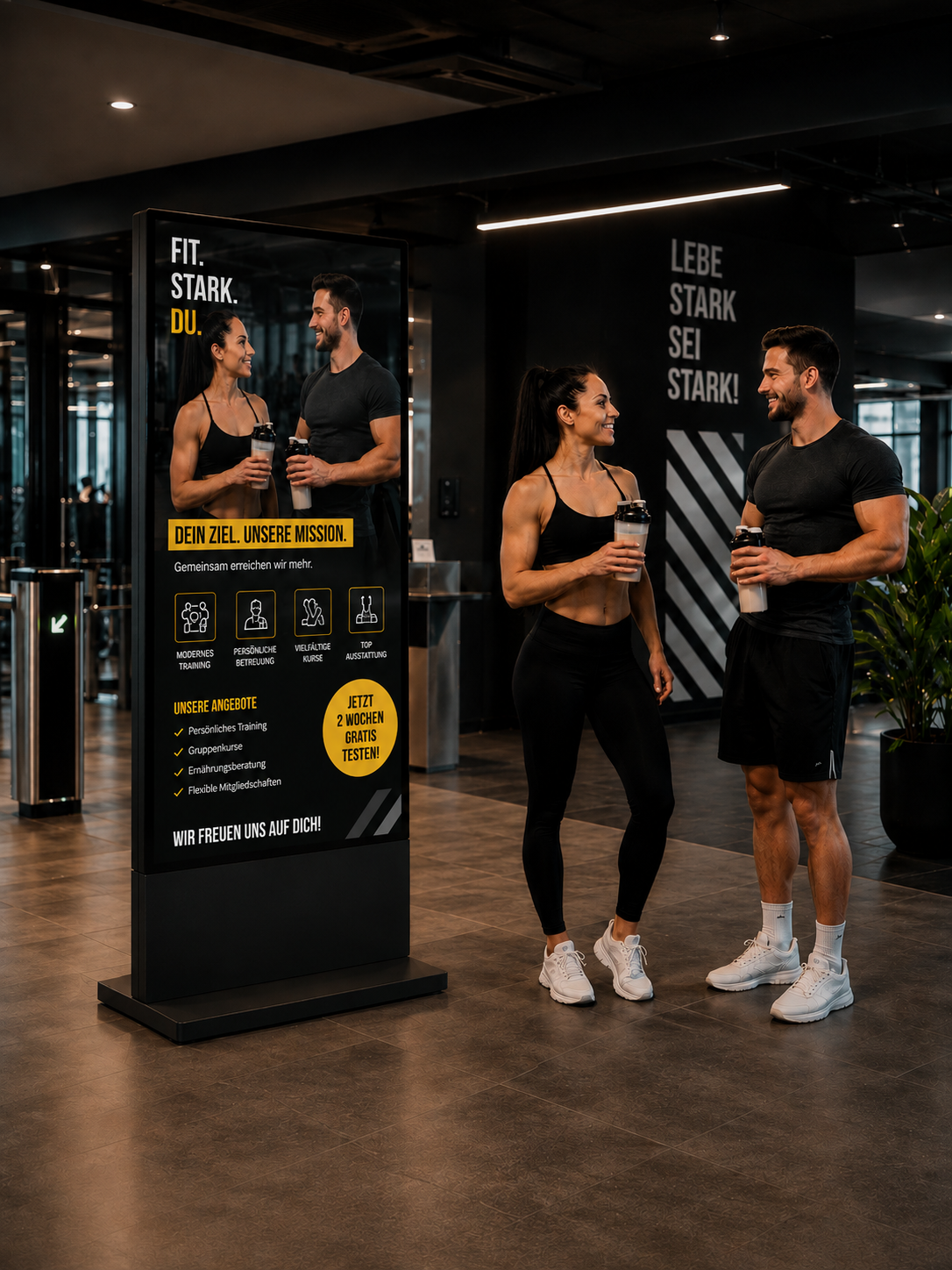 Eingangsbereich eines Fitnessstudios mit digitalem Werbedisplay.
