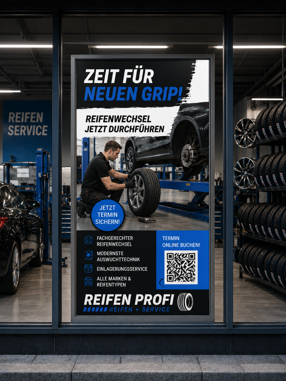 Schaufenster eines Reifenhandels mit digitalem Display für Saisonangebote.