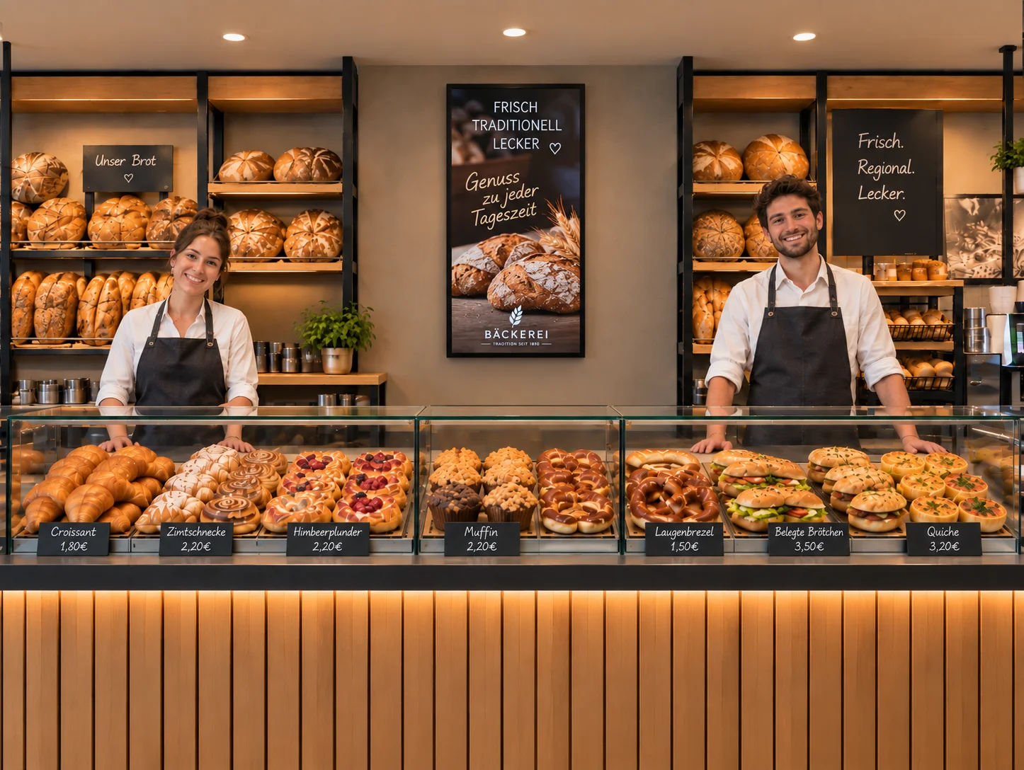 Dieselbe Bäckerei mit einem Digital-Signage-Display im Hochformat an der Wand hinter der Verkaufstheke.