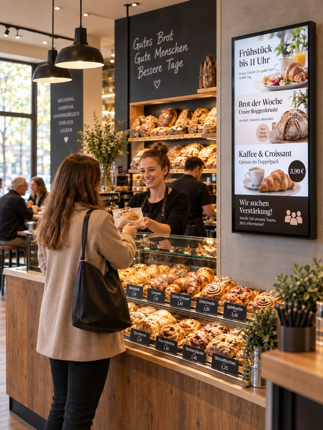 Digital-Signage-Display an der Wand neben der Verkaufstheke einer Bäckerei mit Frühstücksangebot, Brot der Woche und Stellenanzeige.