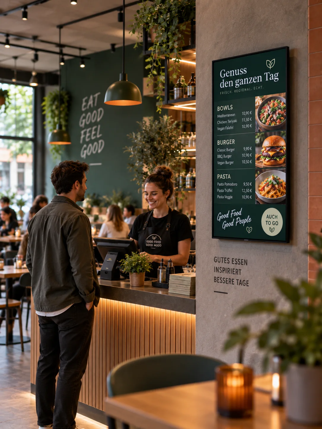 Digital Signage in der Gastronomie: digitale Menütafel mit Gerichten und Empfehlungen neben dem Tresen.